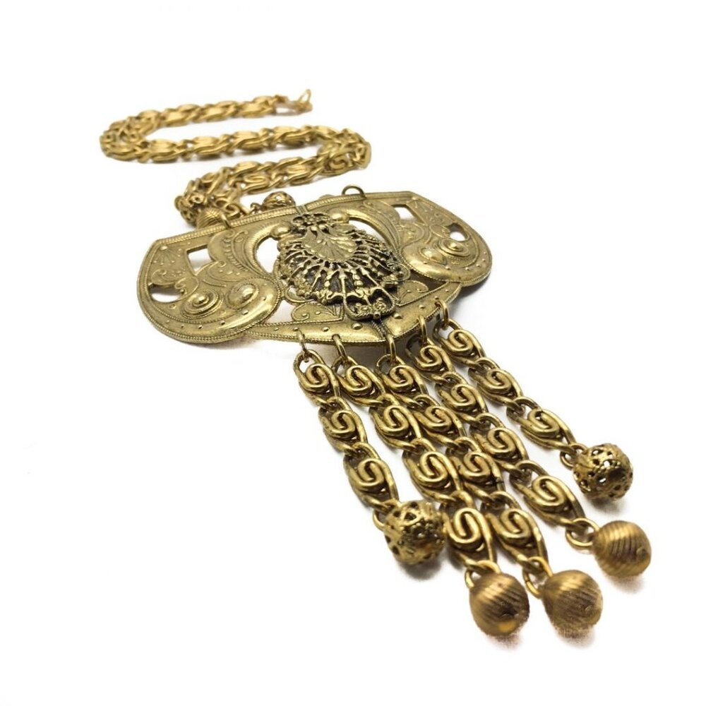 Vintage Freirich Gilt Etruscan Statement Bib Necklace French 1960s